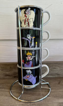 4 Espresso Cups In Metal Rack Disney Villains CRUELLA URSULA MALEFICIENT... - $39.99