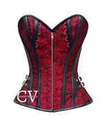 Red Brocade With Black Leather strips Overbust Zipper Corset Christmas C... - $79.99+