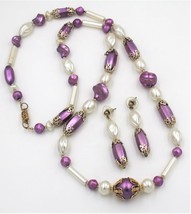 Vintage Amethyst Purple Cream White Bead Necklace Pierced Earring Demi Set - £12.46 GBP