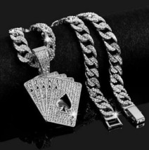 Large Iced CZ Silver Straight Flush Card Deck Pendant 14mm Cuban Chain Necklace - £20.32 GBP