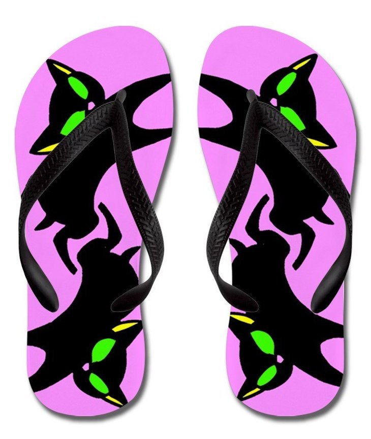 Black Kitty on Pink Flip Flops with Black Straps - Women's
