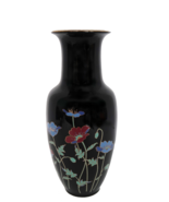 Vintage Japanese ceramic vase black glaze with cloisonné inset flowers - £23.44 GBP