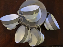 Platina by Sango Mid Century Vintage 10 Pc Cups Saucers Gray White with ... - $35.00