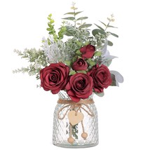 Faux Flowers With Vase,Artificial Silk Roses In Vase, Fake Plant Eucalyptus Flow - £32.72 GBP