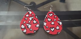 Faux Leather Dangle Earrings (New) Black &amp; White Hearts On Red - £4.40 GBP
