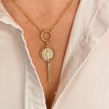 18k Gold Filled Key Pendant Featuring Swivel Medal Of St. Benedict - £9.41 GBP