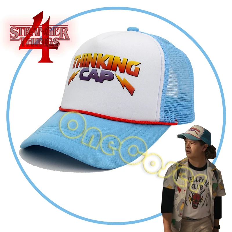 Stranger things season 4 dustin henderson cap cosplay props thinking blue white cap hat thumb200
