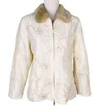 Coldwater Creek Quilted Embroidered Jacket Cream Small Faux Fur Collar - £27.73 GBP