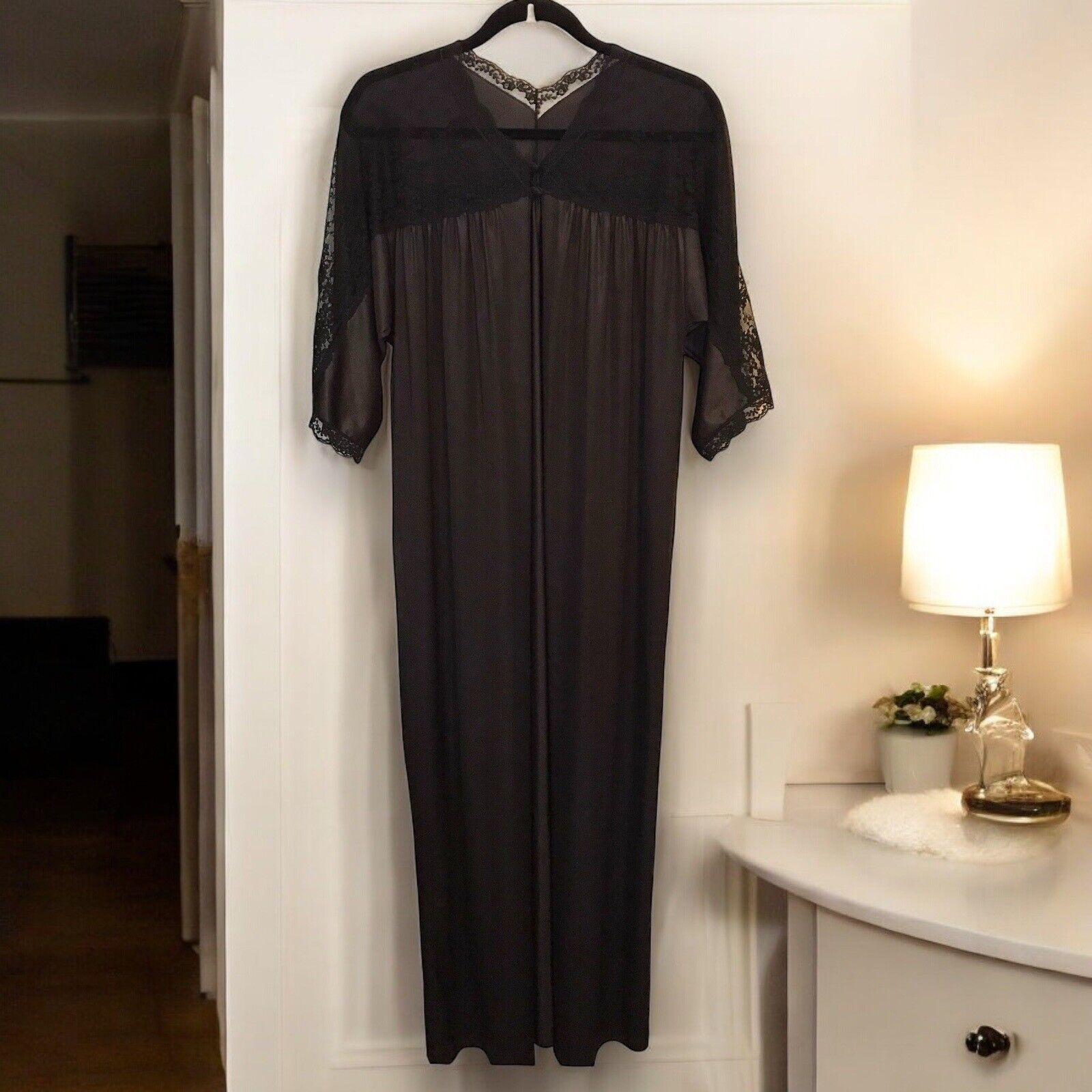 Vintage Texsheen Lingerie Women&#39;s X-Small Black Dressing Gown Robe Sheer... - £9.94 GBP