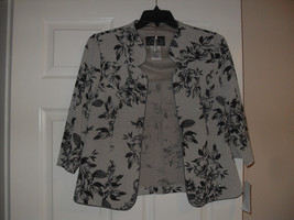 Alex Evenings Womens Black/Taupe Floral Print Open Front Mock Jacket Petites 14P - $21.77