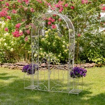 8Ft. Tall Metal Garden Gate Arbor with 2 Tiered Side Plant Stands (Antique White - £723.97 GBP