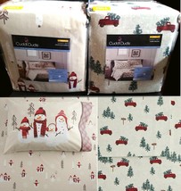 $70 Cuddl Duds Sheet Set Flannel Cotton Farmhouse Trucks or Snowman Family Full - $45.97