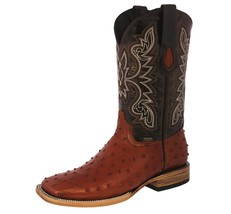 Mens Cognac Cowboy Boots Leather Ostrich Quill Print Western Wear Square Botas - £89.32 GBP