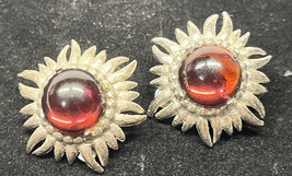 Vintage Silver Tone Sunflower Clip On Earrings With Dark Purple Center - £4.78 GBP