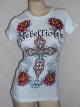 Peace Revolution M White &quot;REBELLIOUS&quot; Shirt Cross Roses Thorns Gemstones - £4.67 GBP