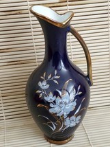 Royal KPM Cobalt Blue Vase With Blueish grey &amp; gold Flowers Design Bavaria - £52.41 GBP