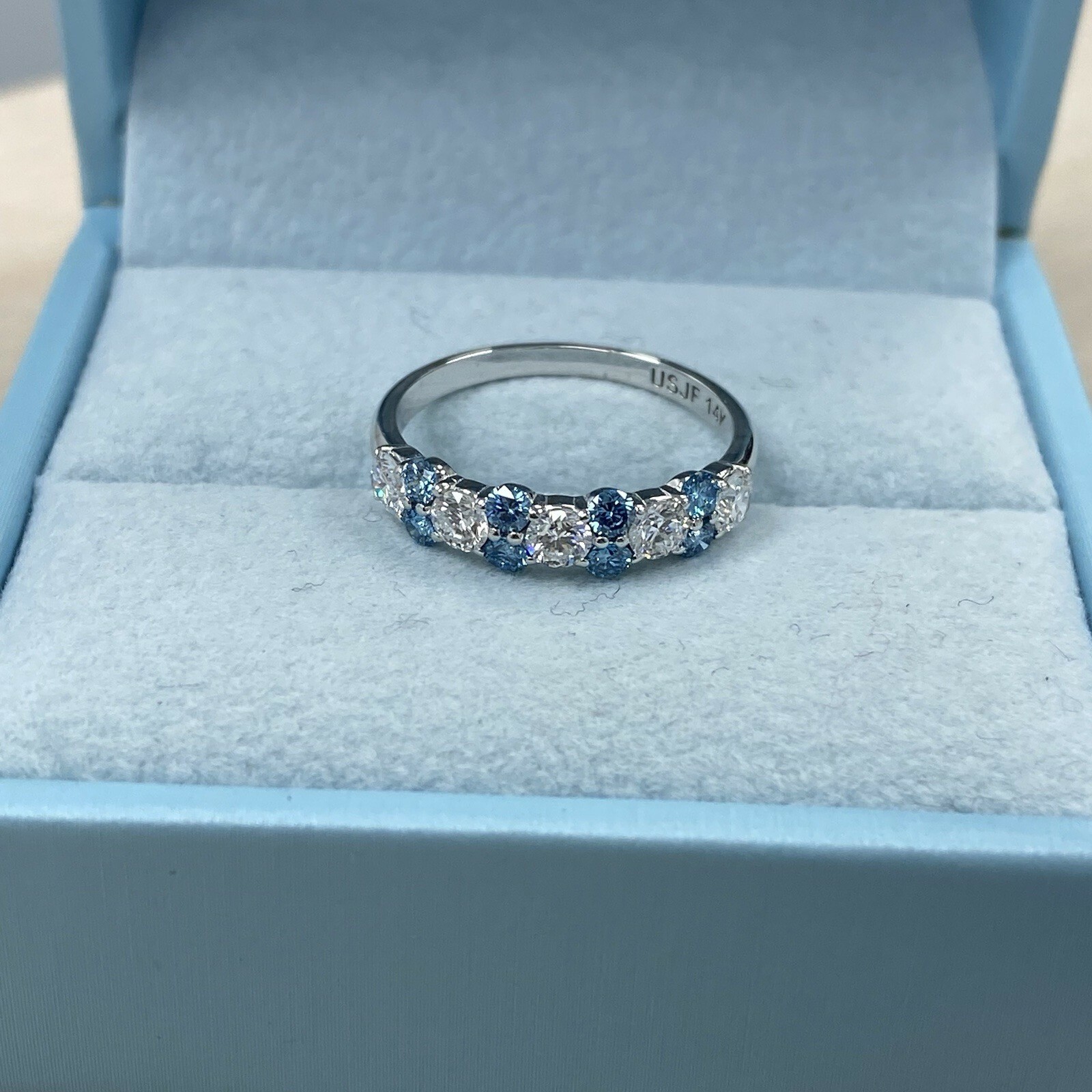White Blue 1.00 Ct Round Lab Grown Diamond Alternating Wedding Band 14k Gold Item image 8