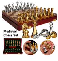 Retro Medieval Luxury Chess Game Set Wooden Chessboard Family Chess Meta... - £93.85 GBP