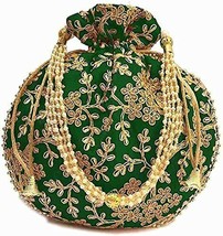 Ethnic Women handbag Potli wristlet with Pearls &amp; embroidery (Green) - $21.08