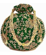 Ethnic Women handbag Potli wristlet with Pearls &amp; embroidery (Green) - £16.57 GBP