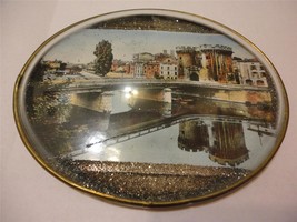 Antique Round Convex Glass VERDUN FRANCE Castle Bridge Picture Brass Frame Oval - £39.56 GBP