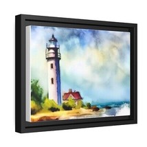 Custom Watercolor Lake Michigan Lighthouse Matte Canvas Black Frame 12" x 9" - £49.78 GBP