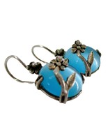Blue Cat&#39;s Eye Threader Hook Floral Wrap Earrings 925 Vintage Sterling S... - $29.68