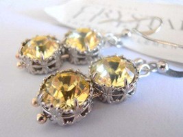 Citrine Art Deco Drop Earrings w/ Swarovski Crystals / Platinum Hook Dangle Jewe - £25.23 GBP