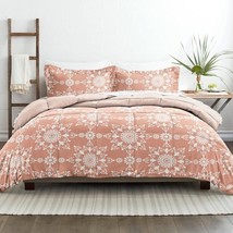 Full/Queen size 3-Piece Clay and White Reversible Floral Striped Comforter Set - £107.13 GBP