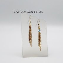 Dangle Earrings Red Line Marble w/ Gold Chain and Czech Fire Polished Beads NWT - £11.99 GBP