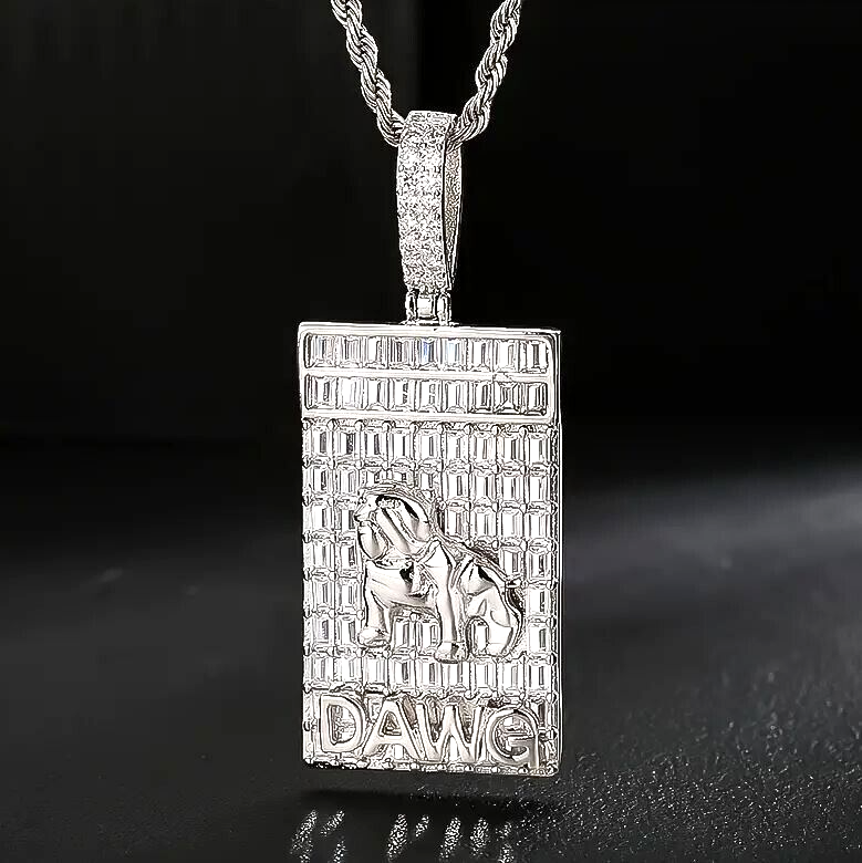 Iced CZ Baguette Silver Plated Bull Dog Big Dawg Pendant + 24" Chain Necklace - $23.75