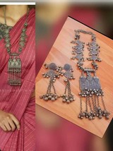Bollywood Style Long 925 Silver Oxidized Pendent Necklace Earrings Jewelry Set - £29.67 GBP