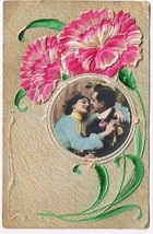 Greeting Postcard Carnations Silky Applique Courting Couple Embossed - £2.31 GBP