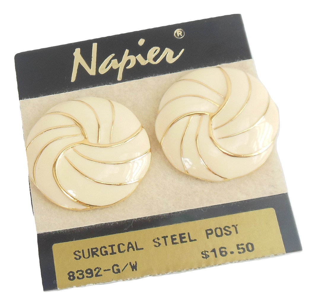 Ladies Napier Earrings Swirled Pattern Cream Color Pierced Surgical Steel Posts - $10.95