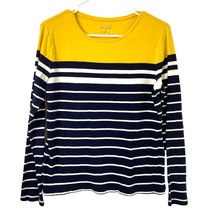 Talbots Stripe Cotton Tee Shirt Women M Yellow Blue Stripe Scoop Long Sleeves - £8.63 GBP