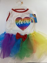 Medium Dog Apparel Rainbow Colored Heart Dog Dress With Tutu - £8.69 GBP