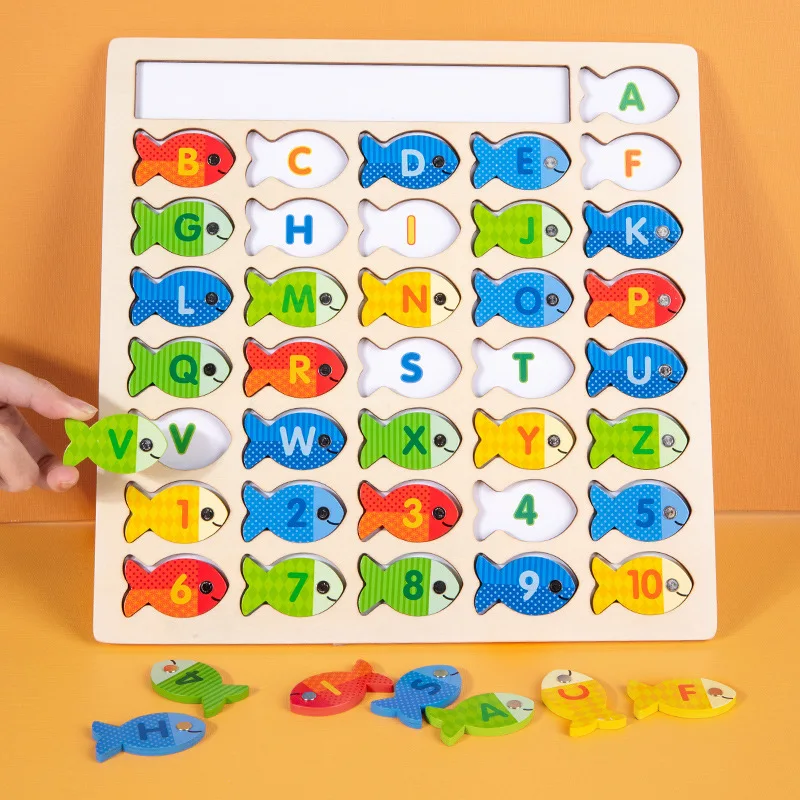 Wooden Alphanumeric Fishing Board Fishing Game For Kids Shapes Paired With Early - £17.65 GBP