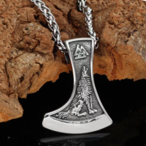 Men&#39;s Viking Wolf Raven Axe Amulet Pendant Protection Necklace Chain 24&quot; Gift - £14.61 GBP
