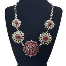 Ann Taylor Red Cream Cabochon Rhinestone Floral Statement Necklace Silve... - $14.01