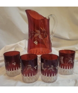 VINTAGE CRANBERRY GLASS PITCHER &amp; 4 TUMBLERS WITH APPLIED ENAMEL FLOWERS - £56.02 GBP
