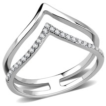 Round Pave CZ V Shape Double Band Stainless Steel Wedding Bridal Fashion Ring - £48.56 GBP