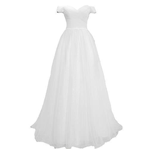 Kivary Off The Shoulder Ruched Pleats Beaded Tulle Long Evening Prom Dress White
