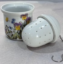 Porcelain Tea Ball Infuser Strainer W Chain And Holder Flower Butterflies - £10.93 GBP
