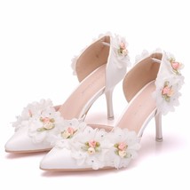 White Lace Flower Wedding Shoes Bridal 7CM High Heel Women Sandals Shallow Adult - £47.47 GBP