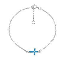 Stylish Cross on a Chain w/ Blue Turquoise Inlay Sterling Silver Bracelet - £18.09 GBP