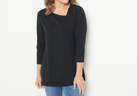 Attitudes by Renee Washed Cotton Asymmetric Neck Top Black, Large  A472242 - £21.67 GBP