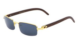 Luxe Debonair Slim Half Rim Rectangular Metal &amp; Wood Sunglasses (Gold &amp; Cherry W - £10.92 GBP