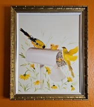 Vintage Goldfinch Bird Oil Painting Signed Arlette Gold Framed 23.5x19.5x3 in - £76.53 GBP