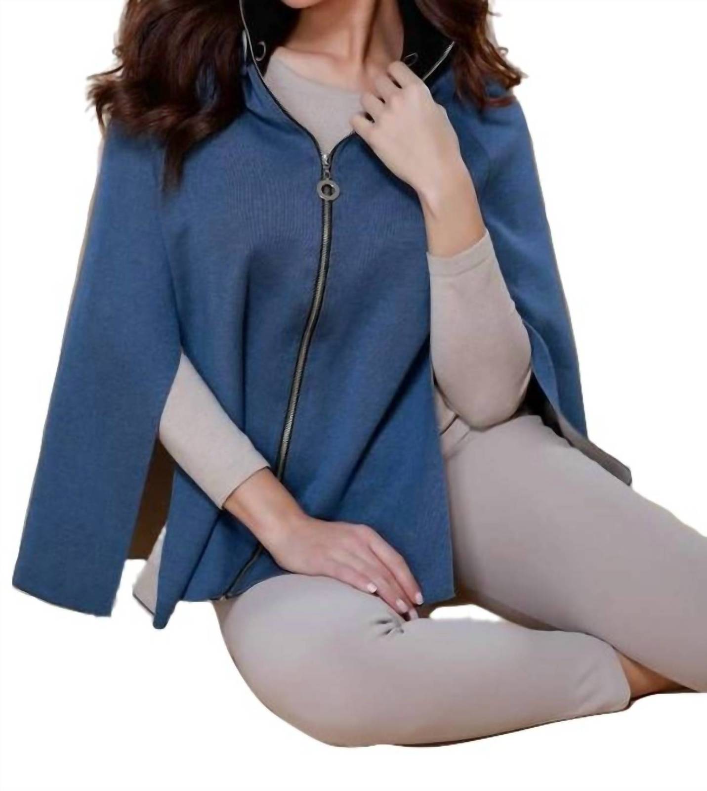 Angel high slit detachable hooded poncho in Denim Stone
