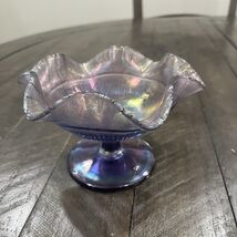 Fenton Amethyst Satin Iridescent Stretch Glass Compote Ruffle Purple Can... - $49.49